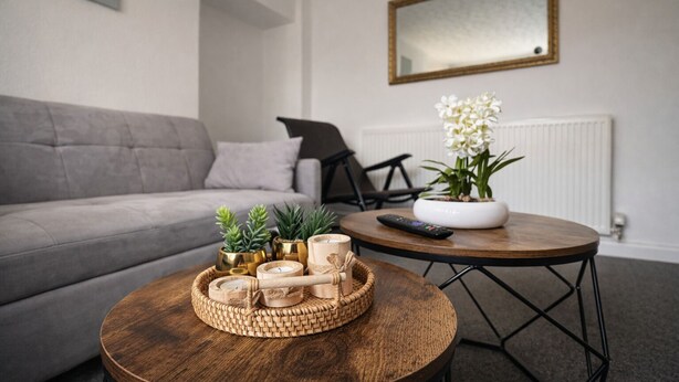 Un salon avec un canapé gris, une table basse ronde en bois agrémentée d’objets décoratifs, une plante en pot et une télécommande.