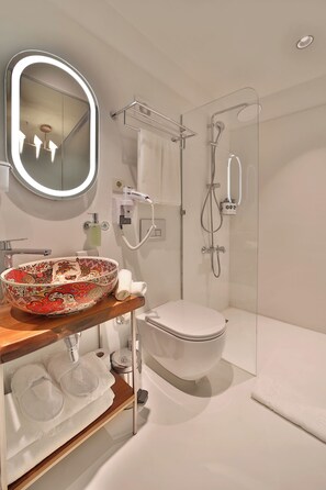 Hair dryer, towels, soap, toilet paper