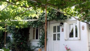 A white building with a door and windows, surrounded by greenery and potted plants. - ARETHOUSA (Milos)
