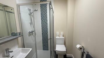 Shower, hair dryer, towels