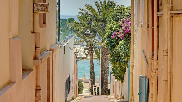 A narrow street with buildings on either side, a palm tree, and a view of the sea. - Moderne 2 Pieces Climatise Avec Terrasse A1b230 (Cannes)