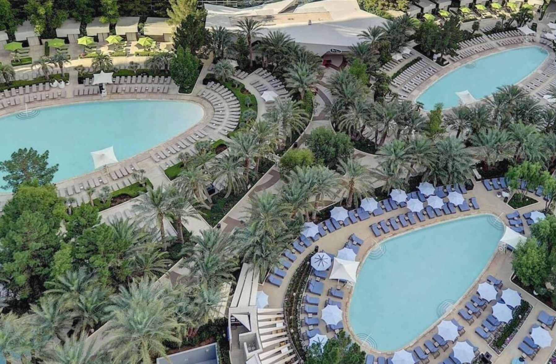 A resort with two large swimming pools, surrounded by palm trees and sun loungers.