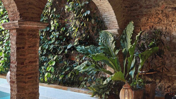 Un área de piscina con suelo de baldosas, arcos de ladrillo y plantas en macetas.