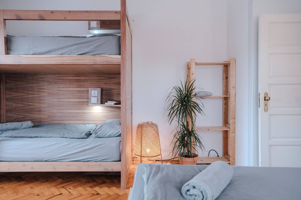 A room with a bunk bed, a bedside table with a lamp, and a potted plant.
