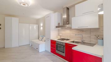 Fridge, oven, stovetop, coffee/tea maker