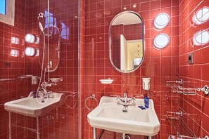 Douche, sèche-cheveux, serviettes fournies, shampoing