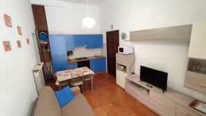 Um espaço compacto para vivenciar, com cozinha compacta, área de refeições e espaço de estar.