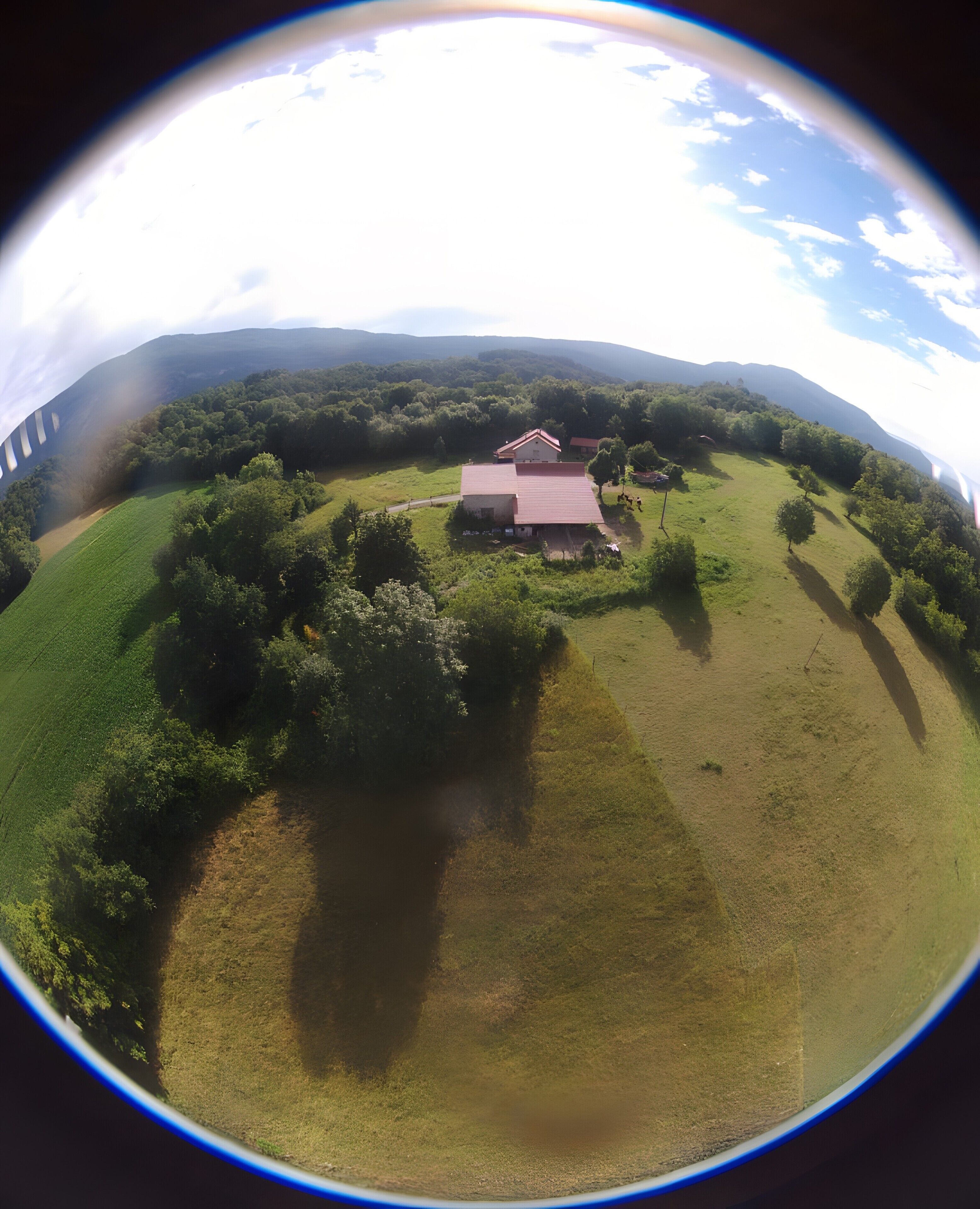 Luchtbeeld van een landgoed met een groot huis, uitgestrekte grasvelden en dichte bomen.