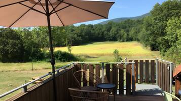 Eine Holzterrasse mit Korbstuhl, Tisch, Sonnenschirm und Blick auf ein Feld und einen Wald.