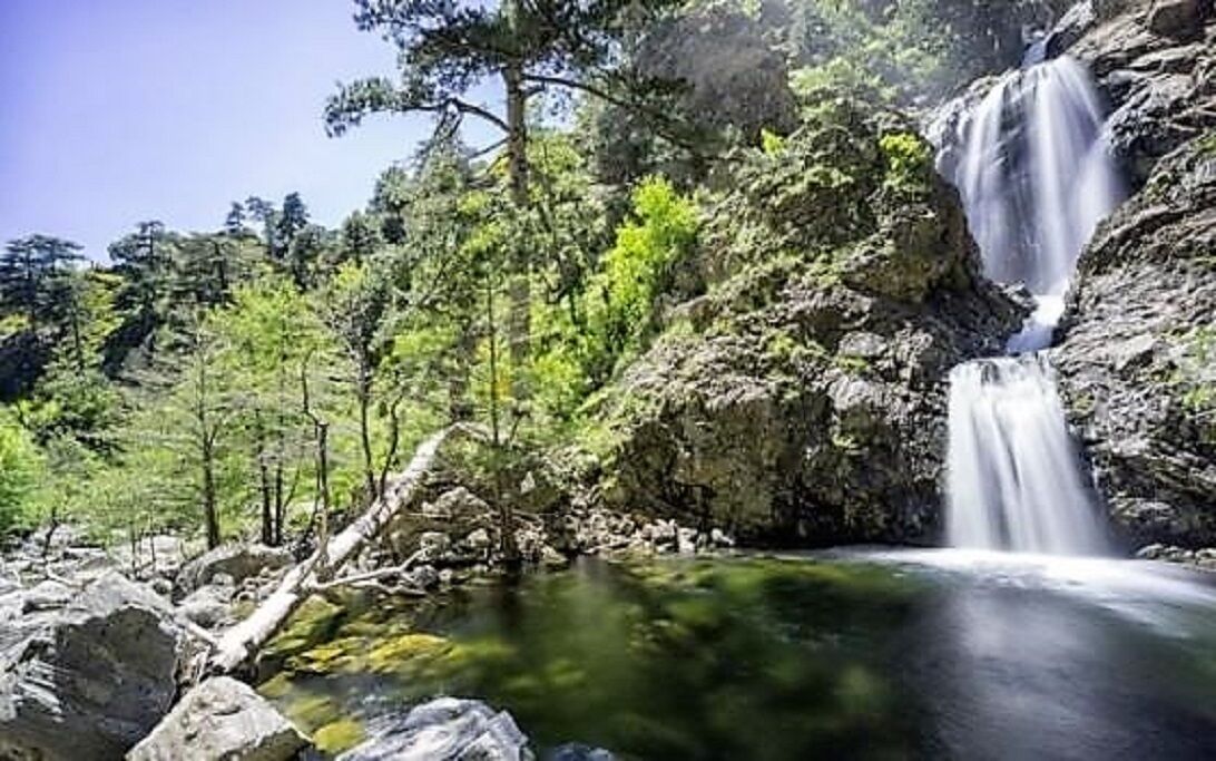 Une cascade située dans une zone boisée, où une eau claire s’écoule sur des rochers.