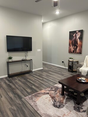 Smart TV, chimenea y libros 