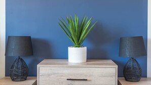 Quarto com parede azul, mesa de cabeceira de madeira com gaveta, vaso branco com planta verde e duas luminárias pretas com bases trançadas.
