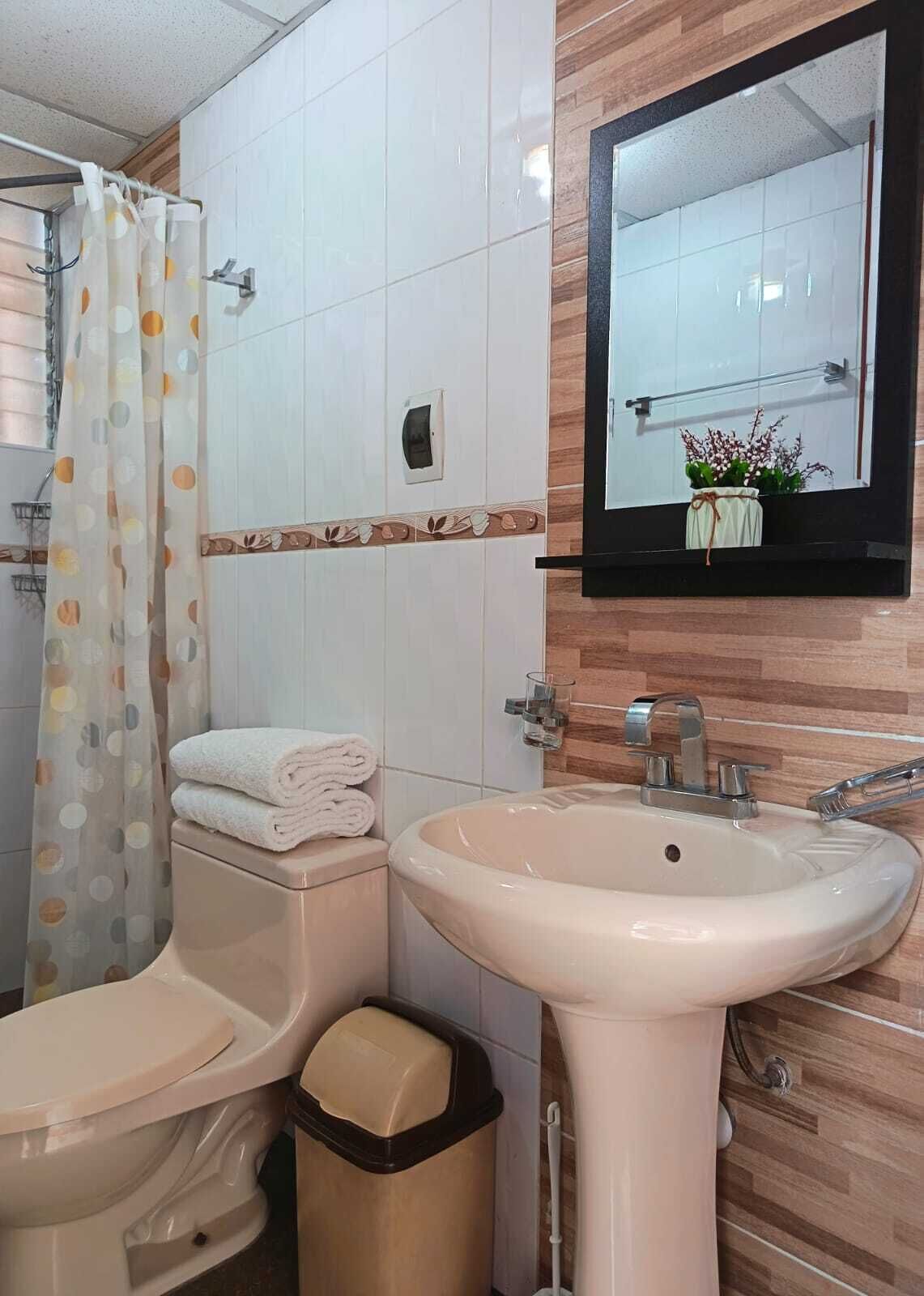 Hair dryer, towels, toilet paper