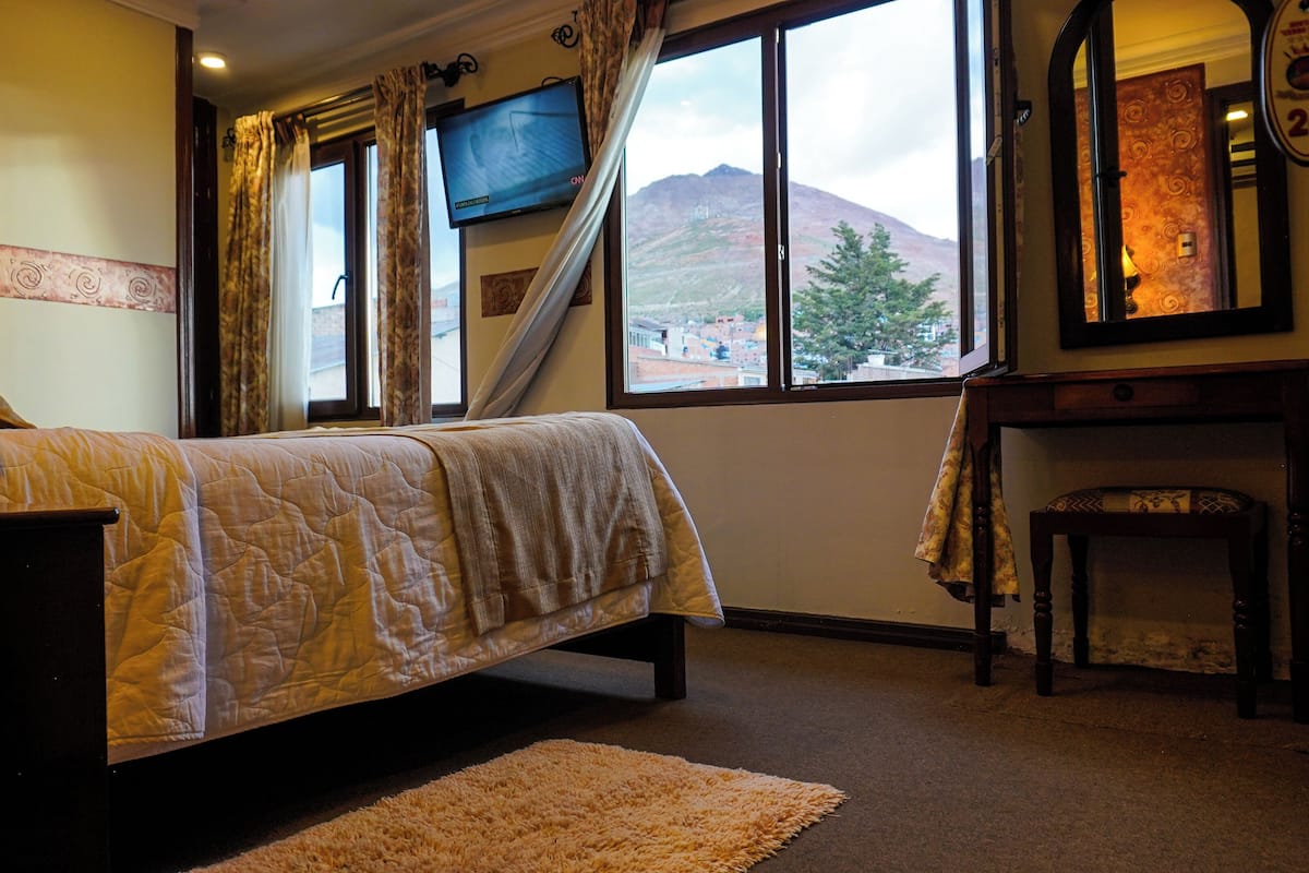 Un dormitorio con cama, televisión, ventana con vistas a la montaña y chimenea.