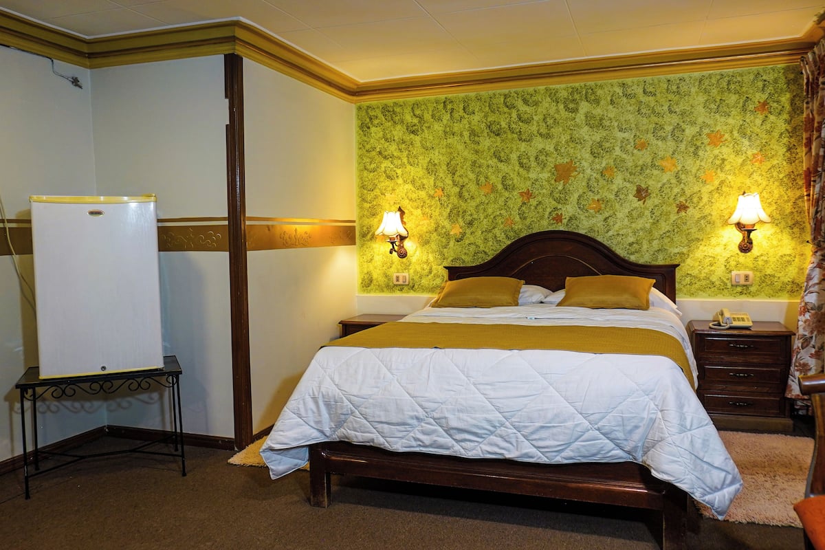 Habitación de hotel con cama, mesitas de noche, lámpara, teléfono y refrigerador.