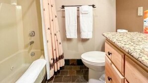 A bathroom with a shower, toilet, and a vanity with drawers. - CBL 3306 (Brian Head)