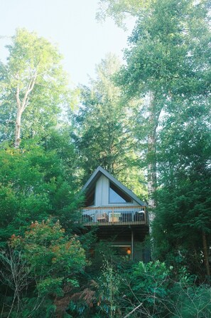 Eine Hütte mit Balkon, umgeben von dichtem Wald.