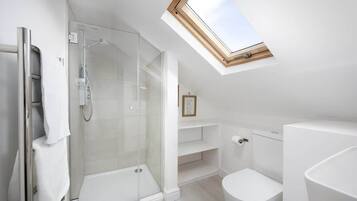 Shower, hair dryer, towels, shampoo