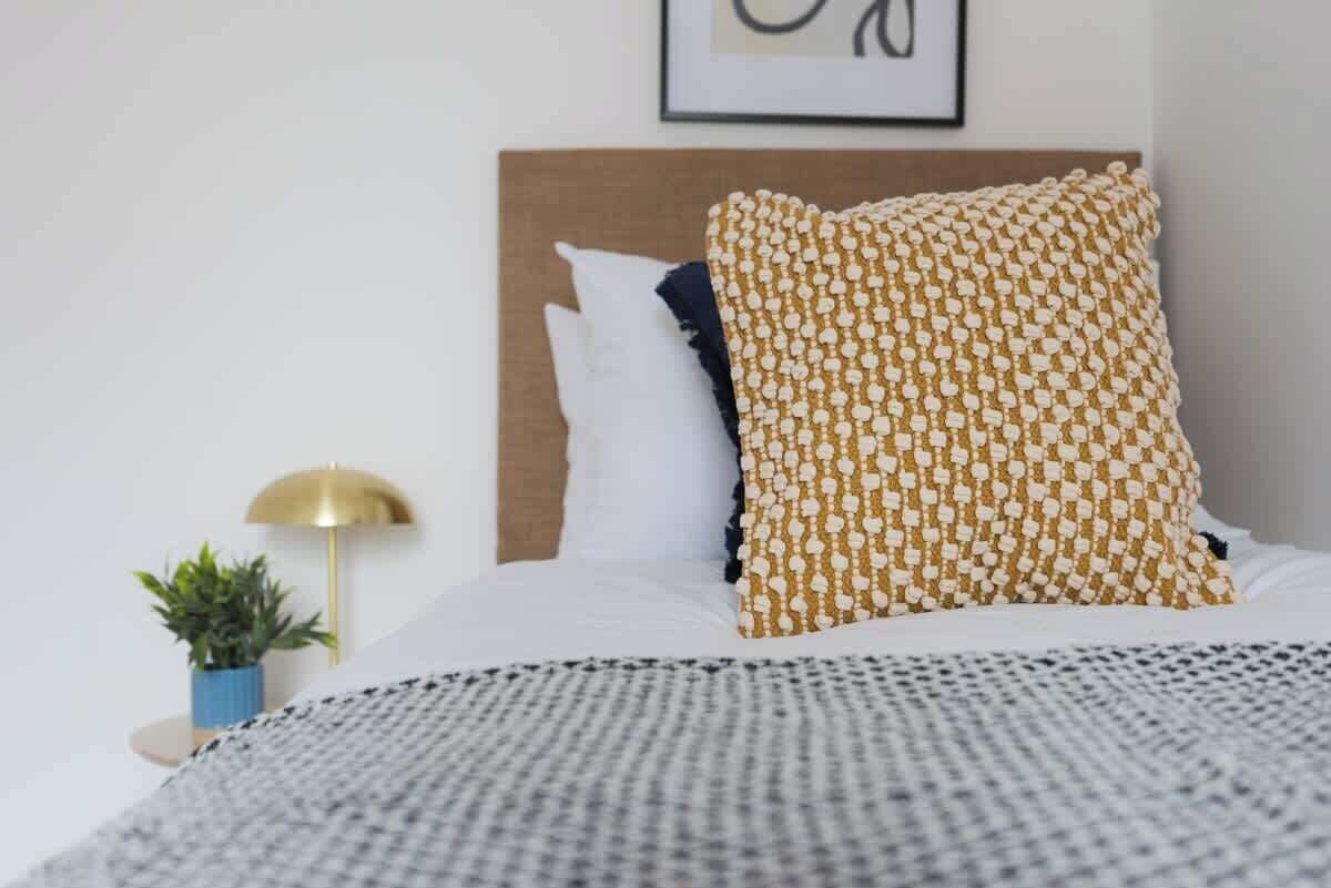 A neatly made bed with patterned pillows, a small bedside plant, and a wall-mounted lamp.