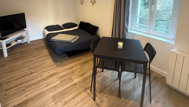 Ein modernes Zimmer mit einem Bett, einem Fernseher, einem Tisch mit Stühlen und einem Fenster mit Vorhängen.