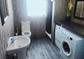 Ett litet badrum med handfat, toalett och tvättmaskin.
