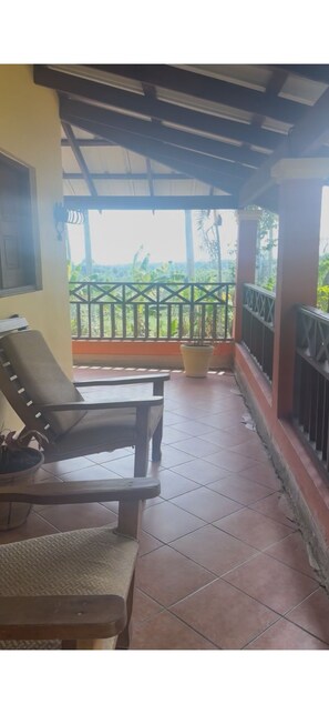 Un espacio de estar al aire libre cubierto con una silla, una mesa, una planta en maceta y vistas de follaje a través de una barandilla.