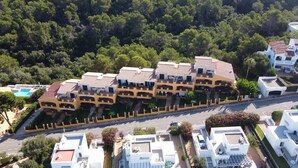 Un quartier résidentiel composé d’une rangée de maisons présentant un style architectural uniforme, une rue principale et une forêt dense en arrière-plan.