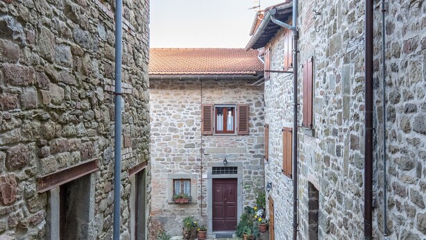 Une étroite ruelle pavée bordée d’un bâtiment doté d’une porte et de volets en bois, de plantes en pot et d’un toit recouvert de tuiles.