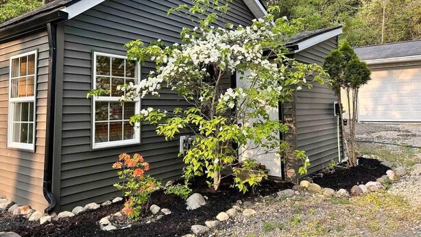 Una casa pequeña con revestimiento oscuro, una ventana con molduras blancas y un árbol con flores blancas en el jardín delantero.