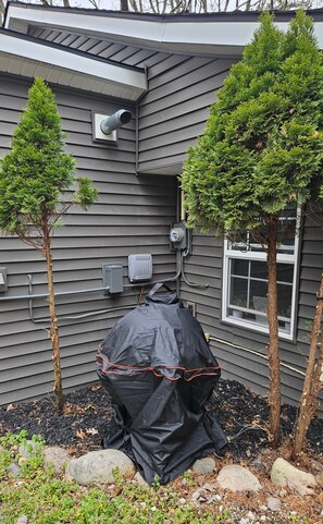 Une maison avec un revêtement extérieur gris, deux petits arbres, un barbecue couvert et une fenêtre.