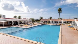Una piscina con borde de baldosas, sillas de descanso y una palmera.