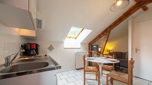 A compact kitchen with a skylight, a dining area with a table and chairs, and a living space with a sofa and TV. - 30m² F1 Apartment in the Hautes-Vosges (Rochesson)