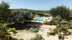 A pool area with a clear view of the pool, surrounded by trees and a garden.