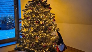 Een kerstboom met lichtjes en decoraties, geplaatst op een houten vloer naast een raam.