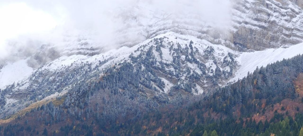 Un paisaje montañoso con picos nevados y laderas boscosas.