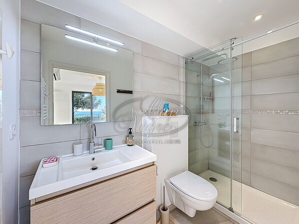 Shower, hair dryer - T2 apartment for 3 people with terrace and sea view in Aiguebelle (Le Lavandou)