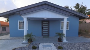 A single-story house with a blue exterior, white trim, and a front porch with two potted plants.