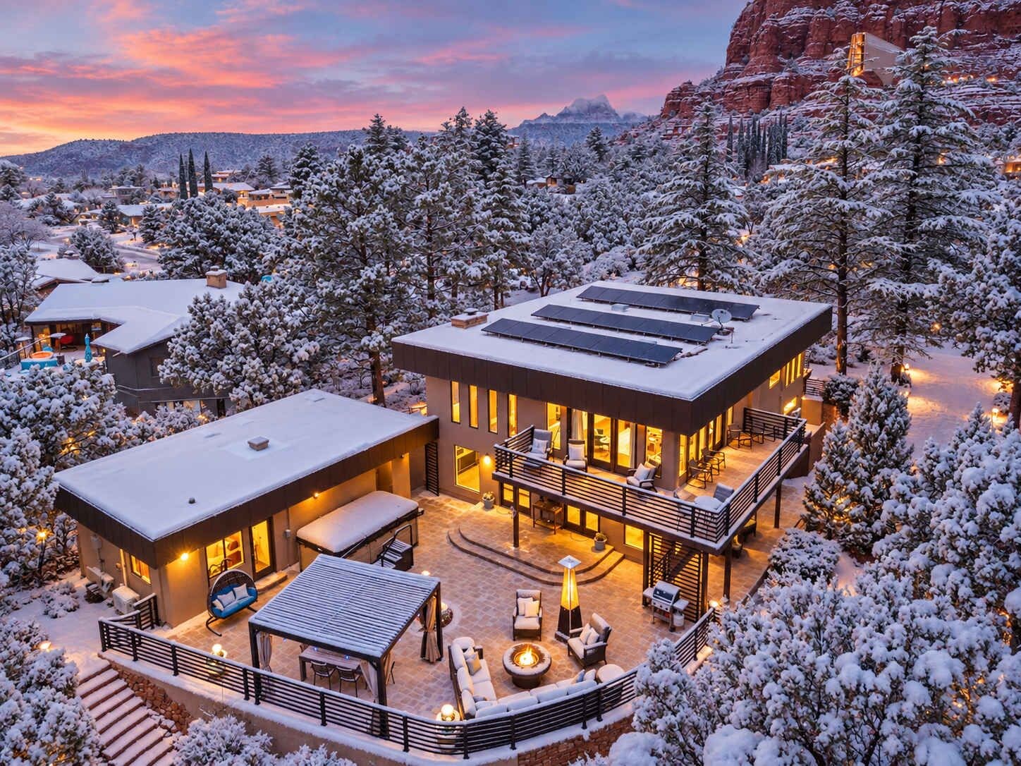 A modern house with a patio area, solar panels, and a view of a snowy landscape.