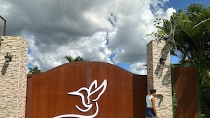 A gated entrance with a bird logo, a stone wall, and a palm tree. - Hummingbird Villa (La Fortuna)