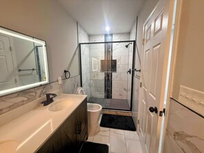 Hair dryer, towels, soap, toilet paper