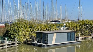 A waterway with a row of tall, narrow boats, a small docked houseboat, and dense foliage in the foreground.