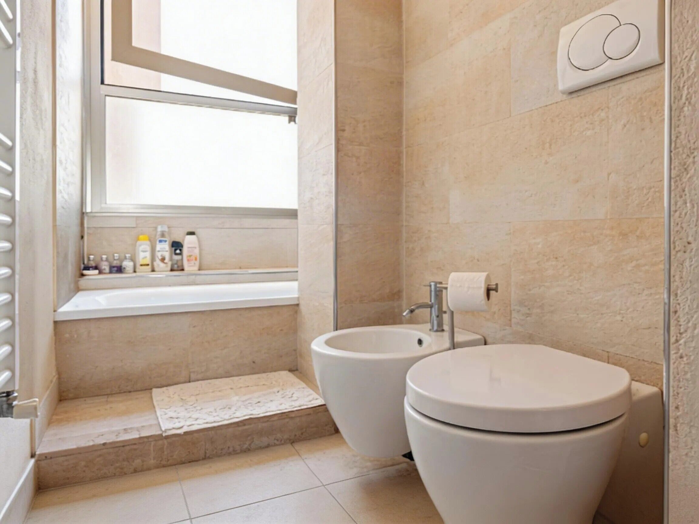 Hair dryer, bidet, towels, soap