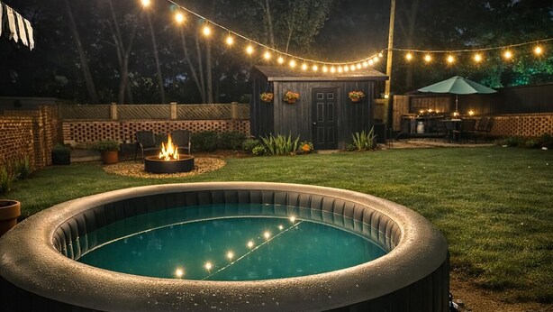 Un patio trasero con jacuzzi, una fogata, luces colgantes y un cobertizo de madera.
