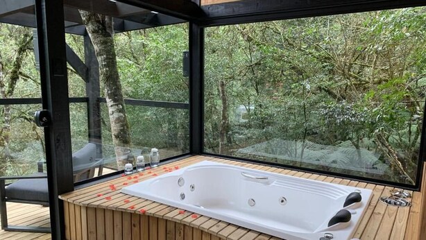 Uma área de spa moderna com uma banheira grande e branca, deck de madeira e paredes de vidro com vista para a floresta.