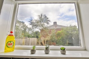 Una ventana con tres pequeñas macetas y una botella de detergente Fairy a la izquierda.