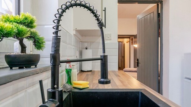 A modern kitchen with a black sink, a flexible faucet, a potted plant, and a wooden countertop.
