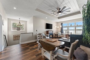 Smart TV, fireplace, foosball, table tennis