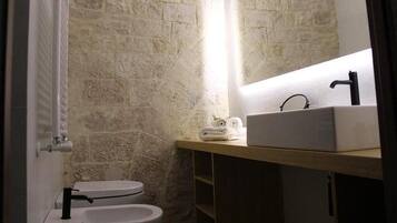 Shower, hair dryer, bidet, towels