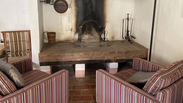 Une cheminée traditionnelle avec un foyer en briques, flanquée de fauteuils à motifs rayés, et une étagère au-dessus où sont disposées des bouteilles décoratives.