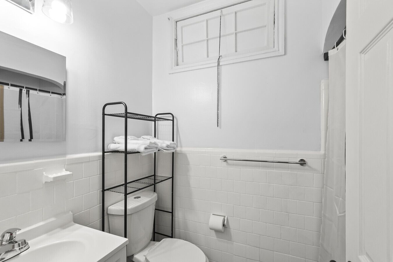 Hair dryer, towels, soap, toilet paper